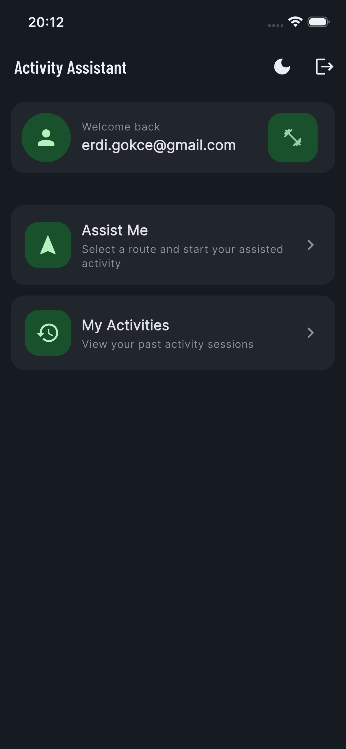 Activity Assistant home screen showing user profile and action cards