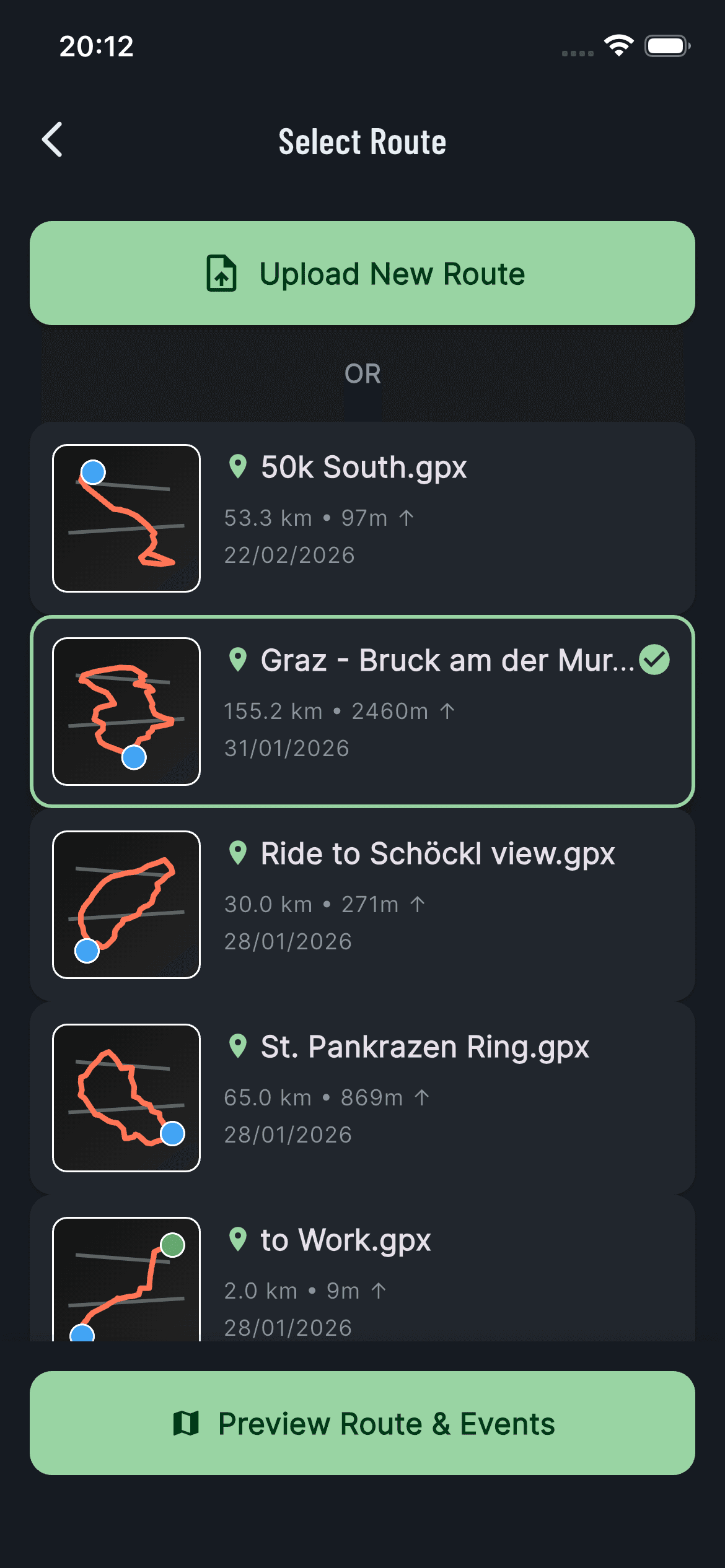 Route selection screen displaying uploaded GPX routes