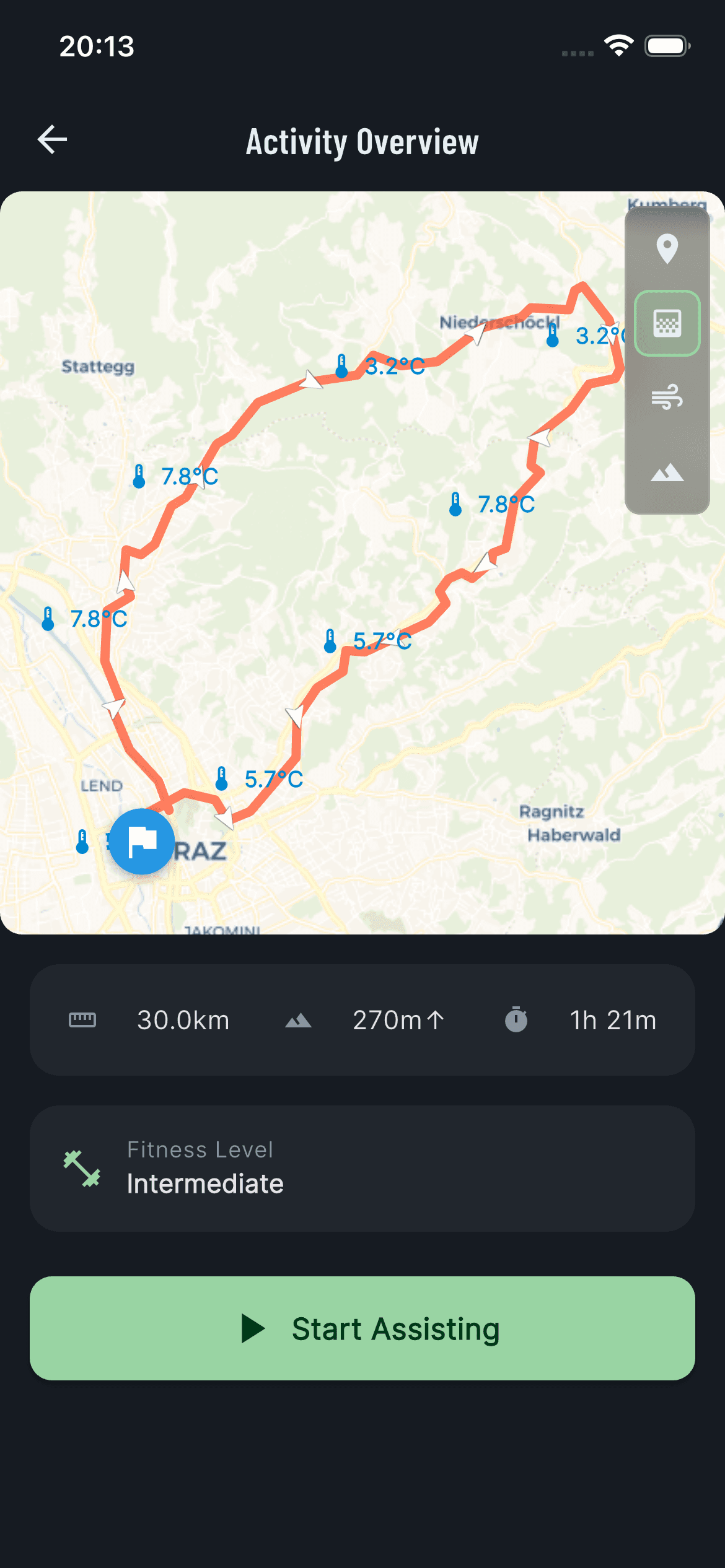 Activity overview map with weather forecast pins along the route