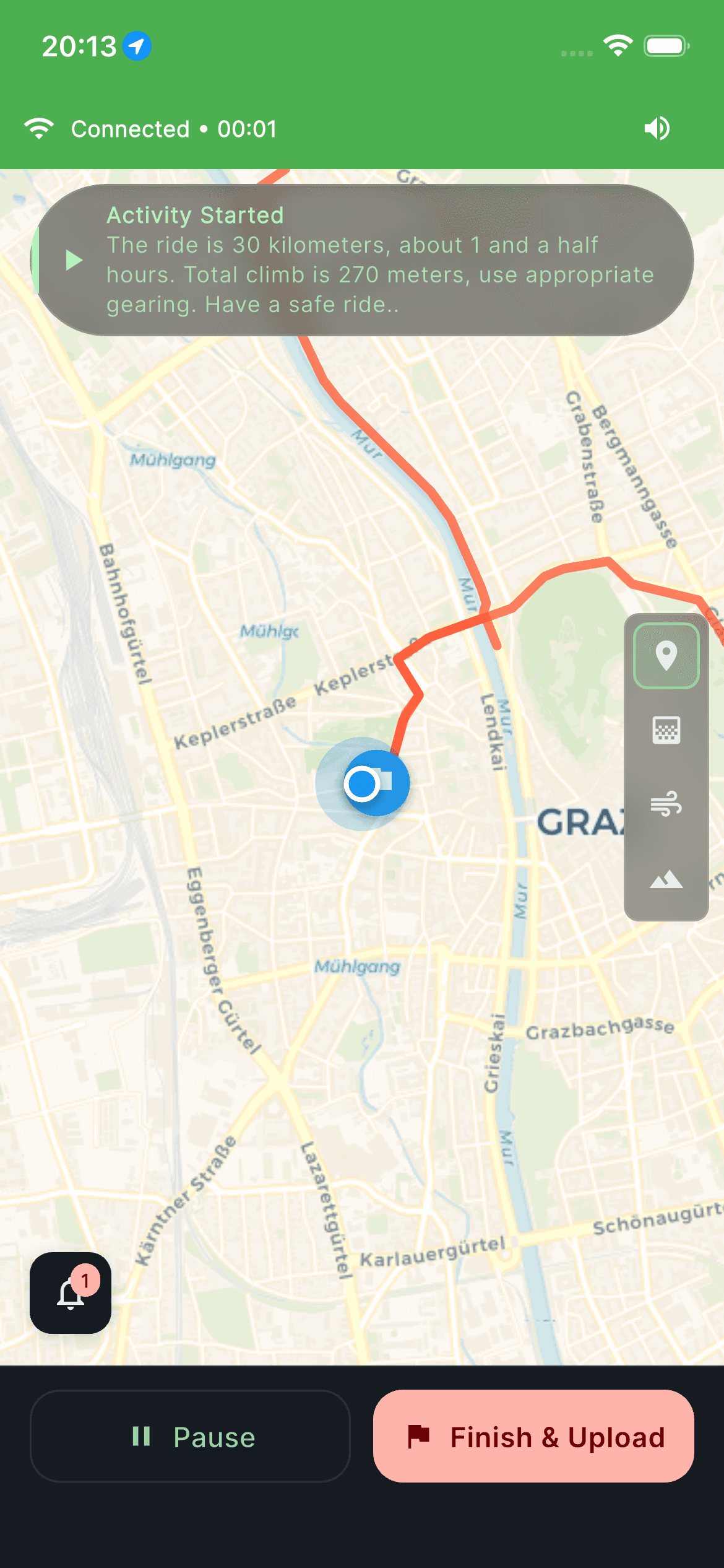 Live activity tracking screen during a cycling session